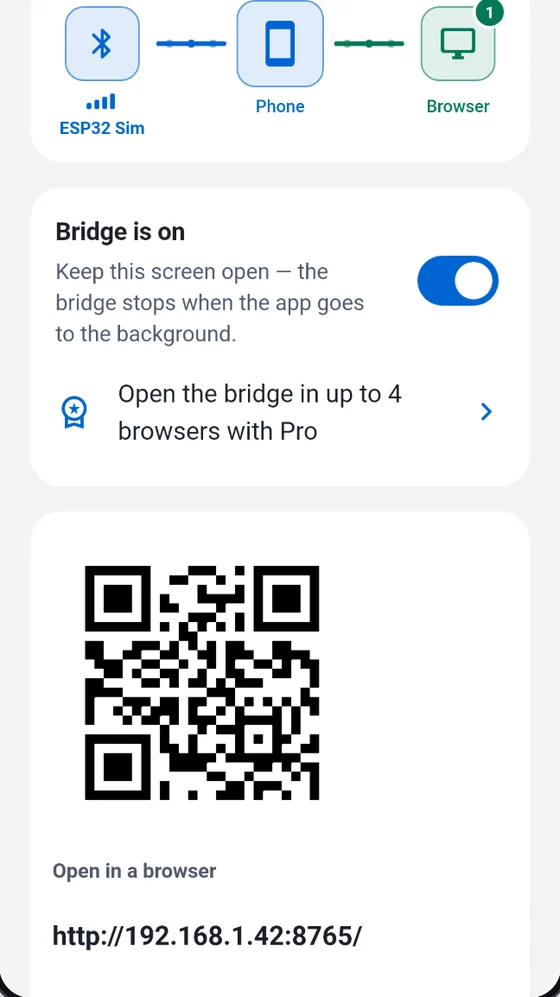 BlueTerm Bridge screen with the bridge switched on, a QR code and the local address to open in a browser