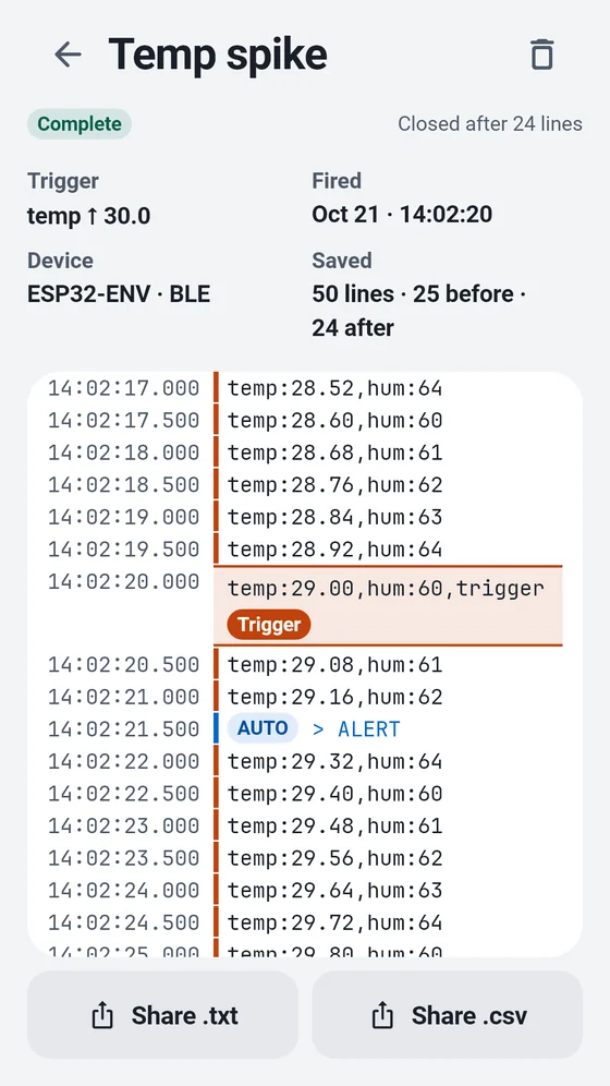 BlueTerm trigger capture showing the lines before and after a temperature spike