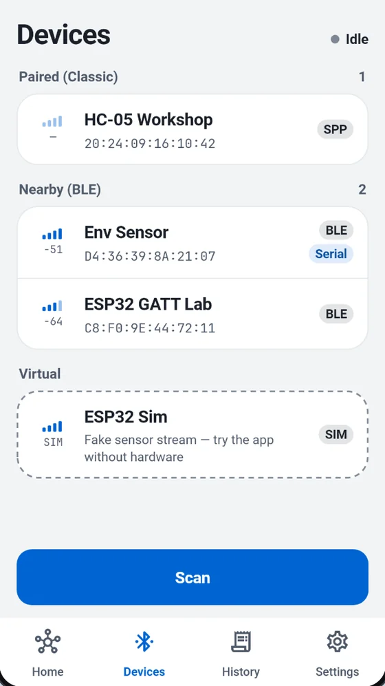 BlueTerm device list with paired Classic, nearby BLE and simulator devices