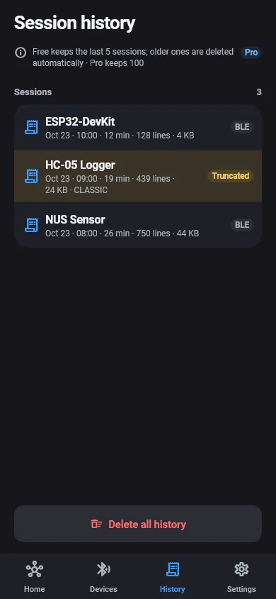 BlueTerm session history listing past sessions with device, time, line count and size