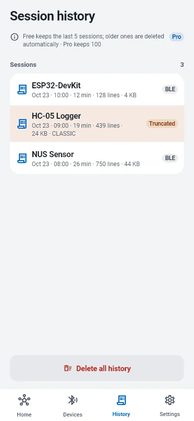 BlueTerm session history listing past sessions with device, time, line count and size