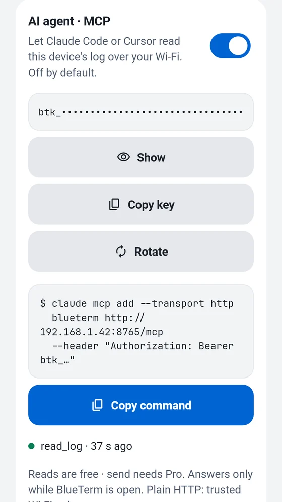 BlueTerm AI agent (MCP) panel with the access key and the command to copy into an MCP client