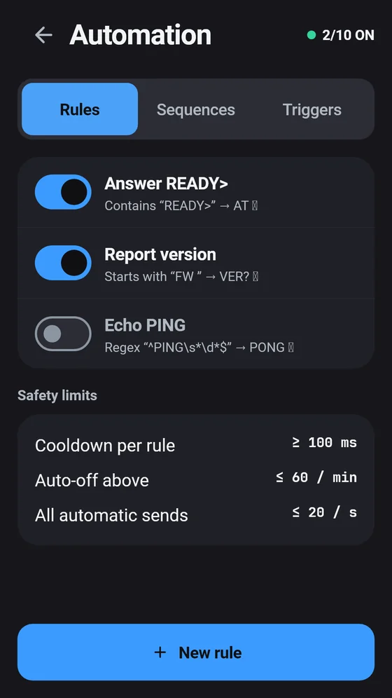 BlueTerm automation screen with three auto-reply rules and safety limits