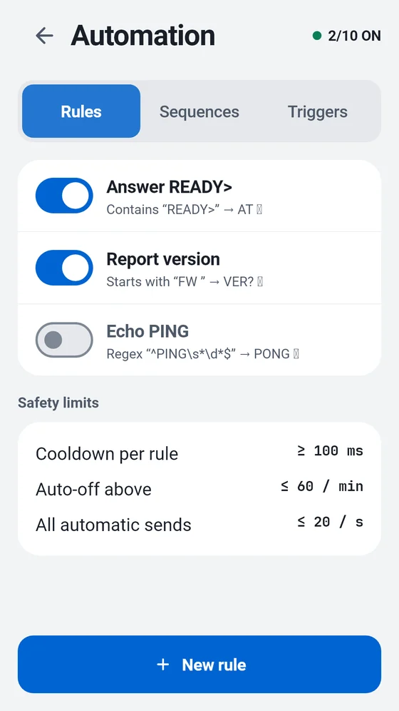 BlueTerm automation screen with three auto-reply rules and safety limits
