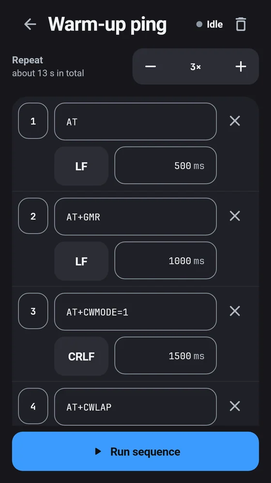 BlueTerm sequence editor listing commands with line endings and delays
