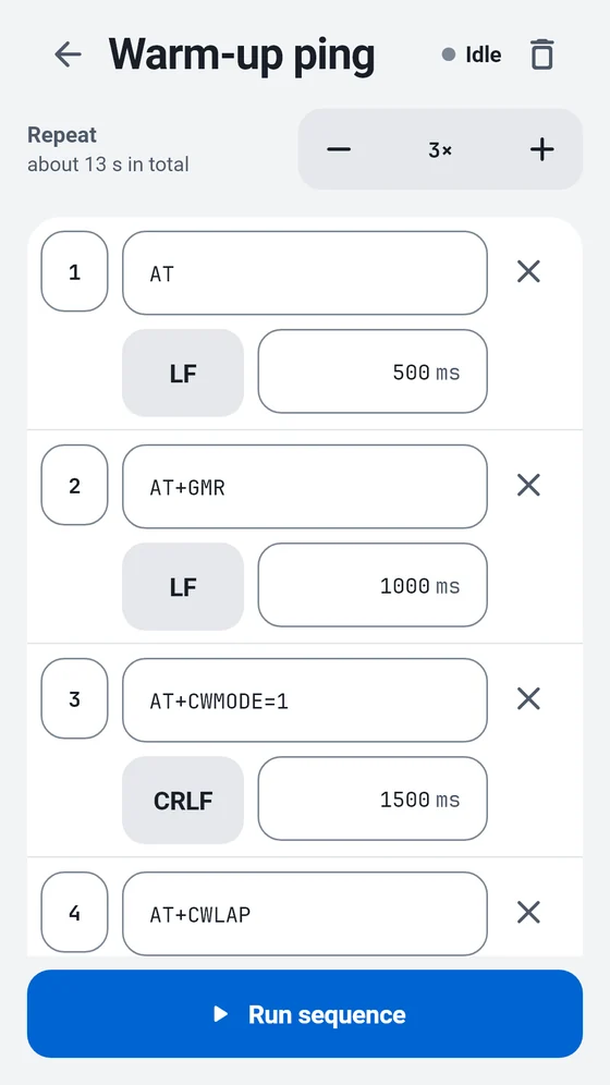 BlueTerm sequence editor listing commands with line endings and delays