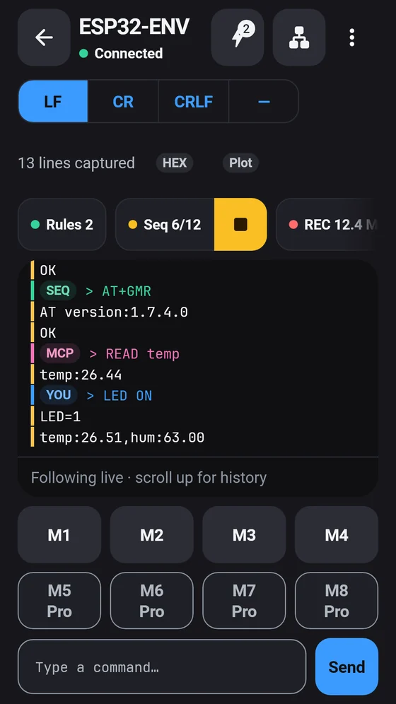 BlueTerm terminal showing live sensor lines with markers for rules, sequences and AI agent commands