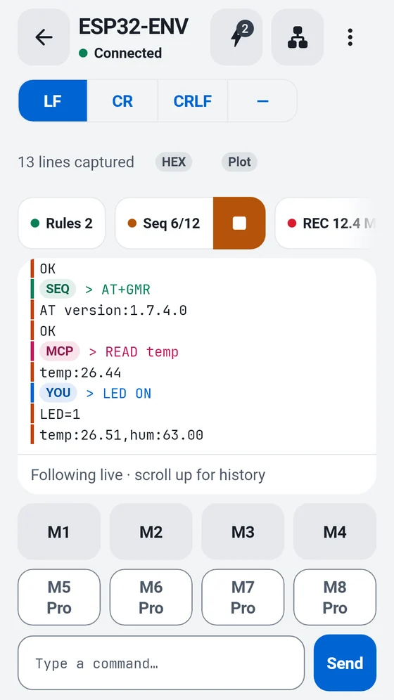 BlueTerm terminal showing live sensor lines with markers for rules, sequences and AI agent commands